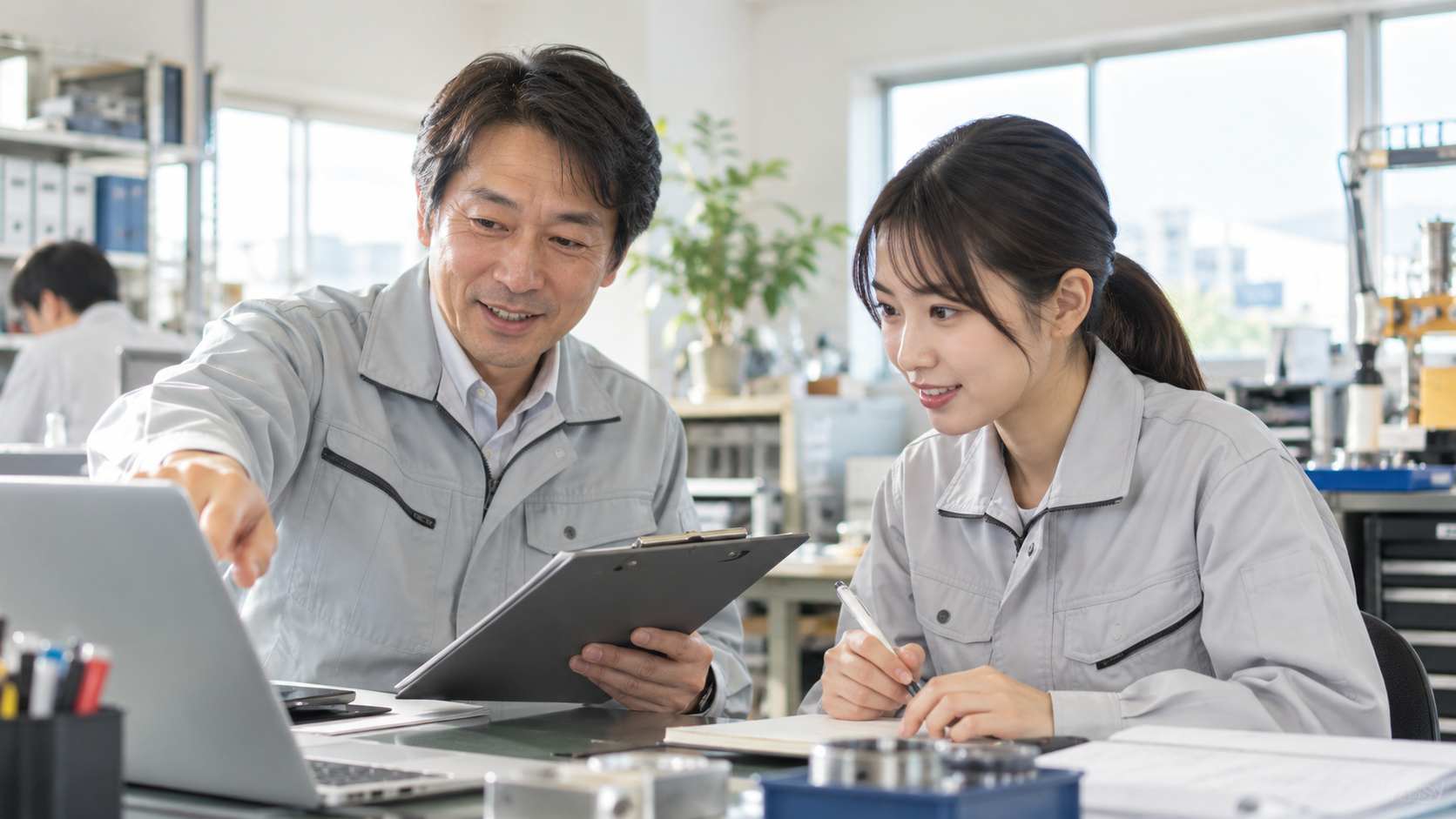 中小企業の現場で、先輩が新しく入ったスタッフに仕事を教えている様子。求人に「1日の流れ」を書くと、この安心感が伝わる