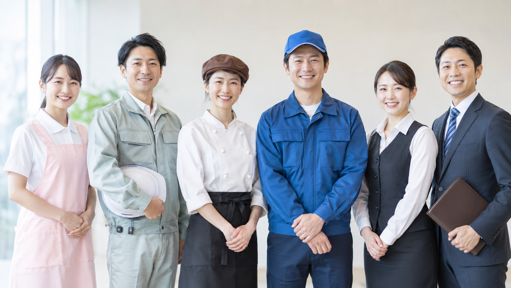 介護・設備・飲食・運送など、いろいろな業種で働く人たち。職種名は業種ごとに求職者の言葉へ翻訳する